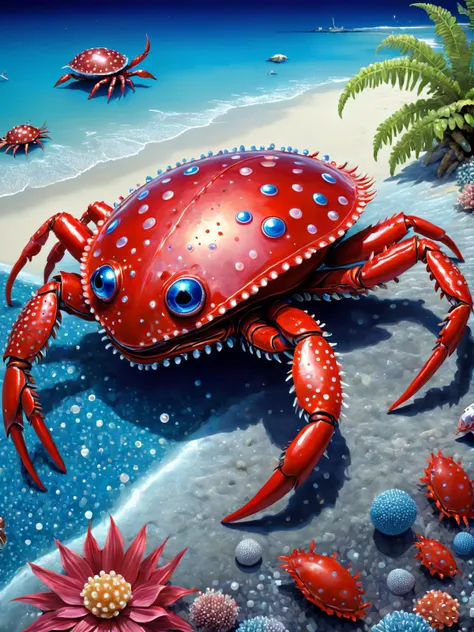 Bioluminescent (Bosch_Creatures:0.5) bird human (swathed in glowing geometric fabrics:1.3) in a (surreal translucent:1.3) Caribbean beach, red crabs. (indigo-tinted:0.9), Surreal animal hybrids, vibrant dotted flora, (silver filigree inlay:0.9), Fauvism amalgamations of spotted shapes, photorealistic, very detailed. <lora:Bas_Waijers_-_Artstyle_Style_SDXL:1> <lora:Bosch_Creatures:0.5>