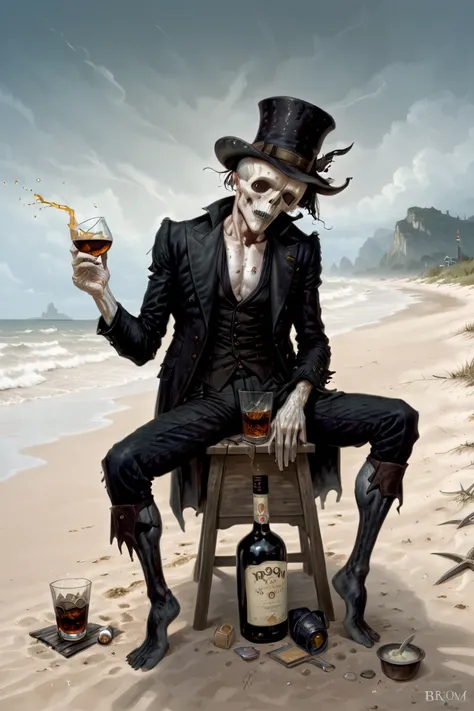 masterpiece by Bas Waijers, by Gerald Brom, Gothic Horror, Dark Fantasy, the death drinking whiskey on a beach, beach hat, male thong, romantic, depression, melancholy, anguish, longing
<lora:Bas_Waijers_-_Artstyle_Style_SDXL:1> , <lora:Gerald_Brom_XL_-_Dark_Fantasy_Art:1>