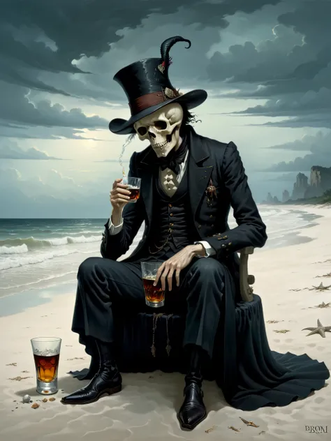 Dark Fantasy, death drinking whiskey on a beach, evening, beach hat, (romantic:1.4), (depression | melancholy:1.15), anguish horizon, longing, contrapposto, dynamic pose, <lora:Gerald_Brom_XL_-_Dark_Fantasy_Art:0.4> art by Gerald Brom, Dark Fantasy, <lora:Bas_Waijers_-_Artstyle_Style_SDXL:1> by Bas Waijers,