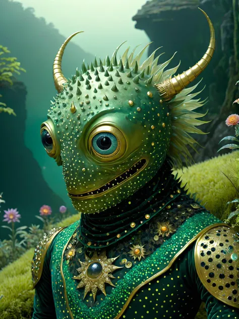 Bioluminescent (Bosch_Creatures:0.5) monster boy (swathed in glowing geometric fabrics:1.3) in a (surreal translucent:1.3) deep misty valley, Spanish moss. (British racing green-tinted:0.9), Surreal animal hybrids, vibrant dotted flora, (gold filigree inlay:0.9), Fauvism amalgamations of spotted shapes, photorealistic, very detailed. <lora:Bas_Waijers_-_Artstyle_Style_SDXL:1> <lora:Bosch_Creatures:0.5>