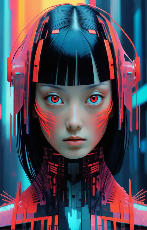 close up portrait of a beautiful woman, freckles, red eyes, black straight hair, abstract geometric gradients, glowing fractals, glitched reality, bio-luminescent haute couture, cybernetic terror chic, Vogue of Virtual Horrors, surreal cyberpunk cityscape engulfed in neon hues.,detailed <lora:Bas_Waijers_-_Artstyle_Style_SDXL:1>