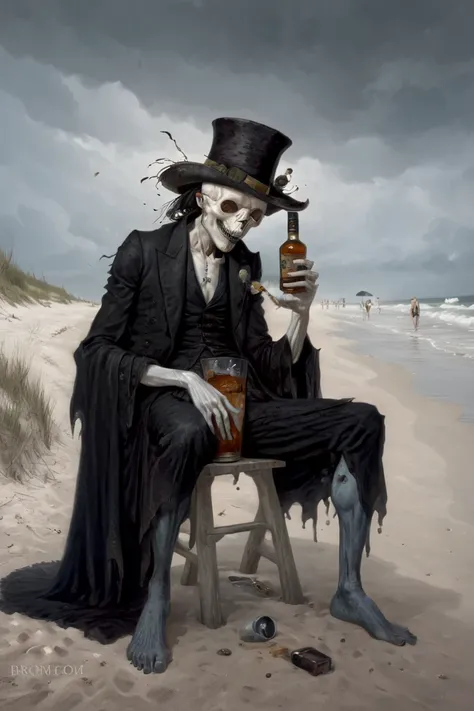 masterpiece by Bas Waijers, by Gerald Brom, Gothic Horror, Dark Fantasy, the death drinking whiskey on a beach, beach hat, male thong, romantic, depression, melancholy, anguish, longing
.<lora:Bas_Waijers_-_Artstyle_Style_SDXL:1> , <lora:Gerald_Brom_XL_-_Dark_Fantasy_Art:1>