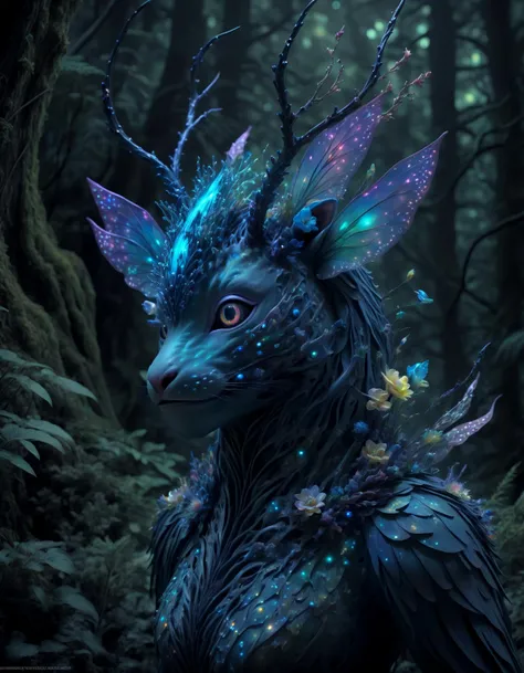 close up Bioluminescent wildlife, surreal animal hybrids, vibrant flora, ethereal auras, mythical creature-inspired fashion, National Geographic Fantasy Edition, enchanted forest setting.,photorealistic, hyperrealistic,,