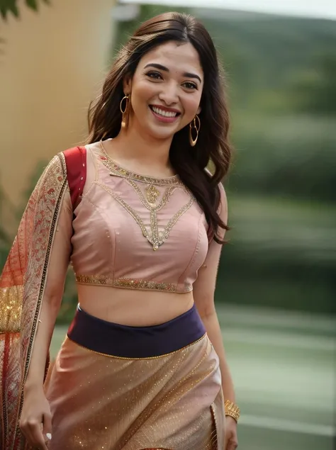 hires photo of tamb woman, studio quality, looking straight at viewer, detailed ethnic dress, laughing, background bokeh <lora:Tamb_Tamannah_Bhatia_SD15_LoRA:1>