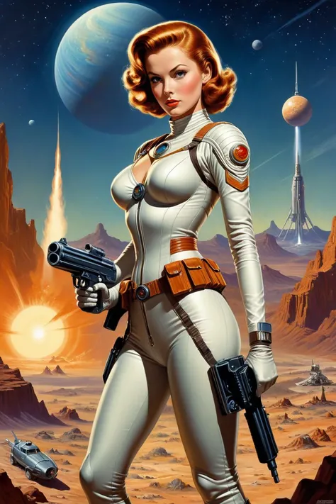 by David A. Hardy, .1950's pulp sci-fi female space cadet, holding a ray gun rifle at ready, giant gas planet background,.(professional poster art, bold lines:1.4),.(pulp sci-fi, beautiful, intricate details, masterpiece, best quality:1.4),.cinematic full body shot, dynamic pose,.pulp sci-fi poster art color palette,.dramatic and dynamic lighting,.<lora:add-detail-xl:1.0> <lora:xl_more_art-full_v1:0.5> <lora:looking_at_viewer:2> <lora:Scaleborn_SDXL:0.5><lora:CosmicLandscapes:1.0>.