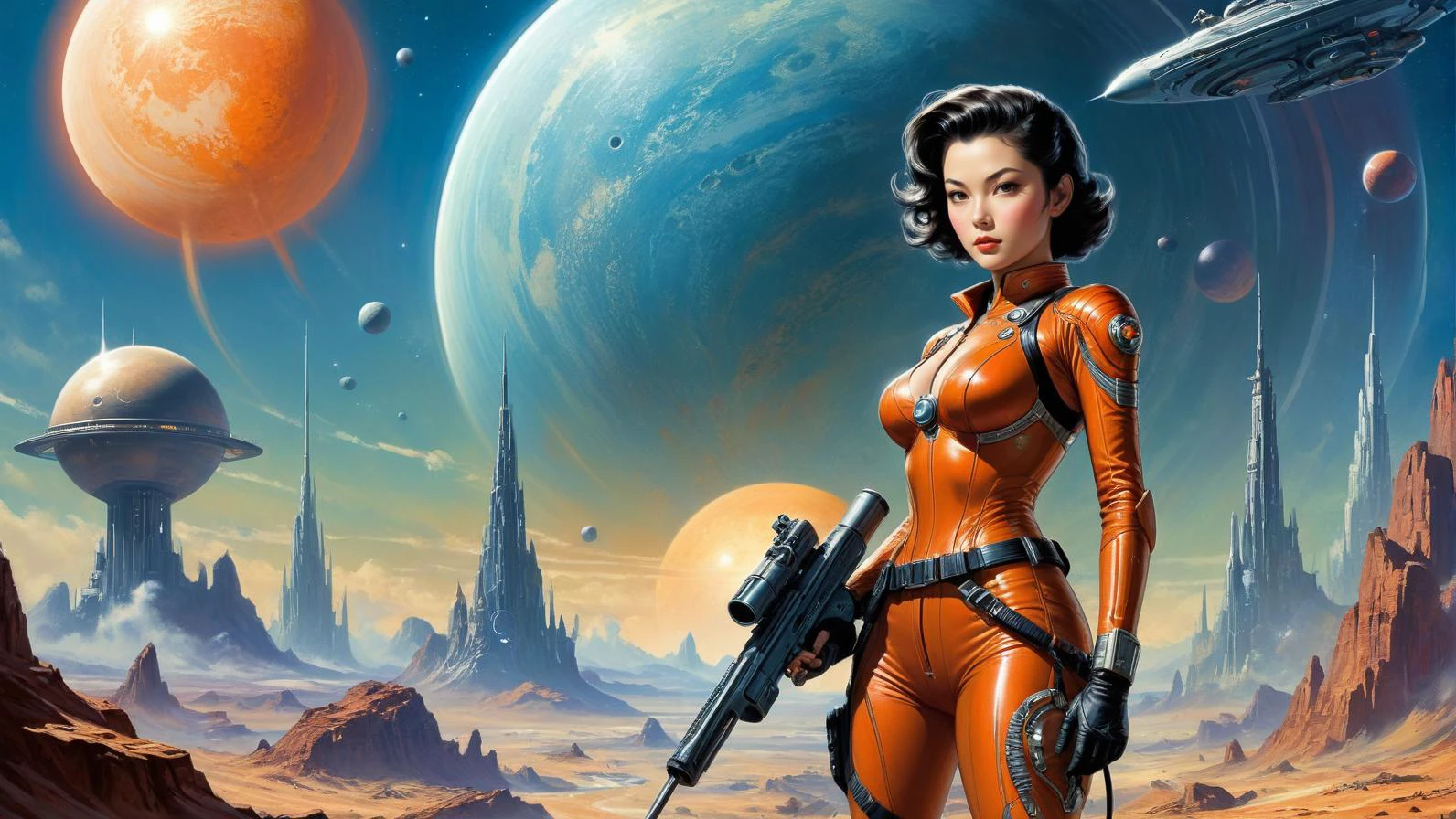 by Stephan Martiniere and Chiho Aoshima,.1950's pulp sci-fi female space cadet, holding a ray gun rifle at ready, giant gas planet background,.(professional poster art, bold lines:1.4),.(pulp sci-fi, beautiful, intricate details, masterpiece, best quality:1.4),.cinematic full body shot, dynamic pose,.pulp sci-fi poster art color palette,.dramatic and dynamic lighting,.<lora:add-detail-xl:1.0> <lora:xl_more_art-full_v1:0.5> <lora:looking_at_viewer:2> <lora:Scaleborn_SDXL:0.5><lora:CosmicLandscapes:1.0>.