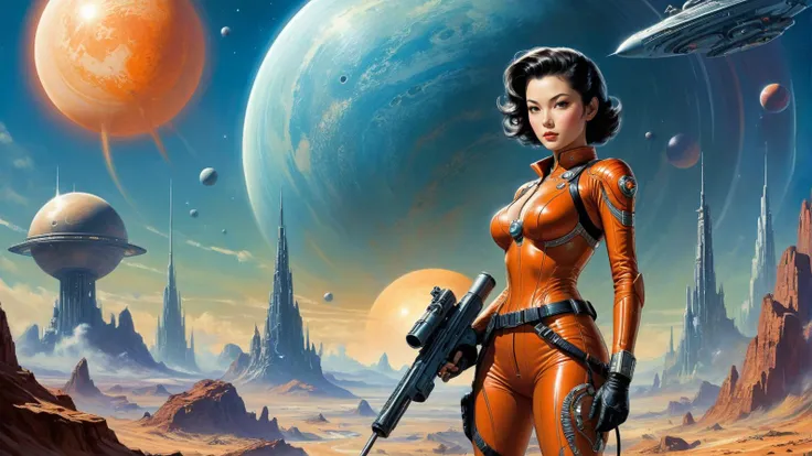 by Stephan Martiniere and Chiho Aoshima,.1950's pulp sci-fi female space cadet, holding a ray gun rifle at ready, giant gas planet background,.(professional poster art, bold lines:1.4),.(pulp sci-fi,  beautiful, intricate details, masterpiece, best quality:1.4),.cinematic full body shot, dynamic pose,.pulp sci-fi poster art color palette,.dramatic and dynamic lighting,.<lora:add-detail-xl:1.0> <lora:xl_more_art-full_v1:0.5> <lora:looking_at_viewer:2> <lora:Scaleborn_SDXL:0.5><lora:CosmicLandscapes:1.0>.