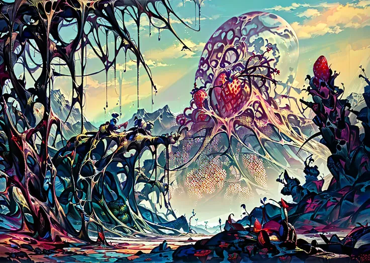 masterpiece, scenery, wallpaper, strawberry background, mountain, gaseous being,
<lora:Cosmic Landscapes:1> mysterious, alien plants, strange growths, open