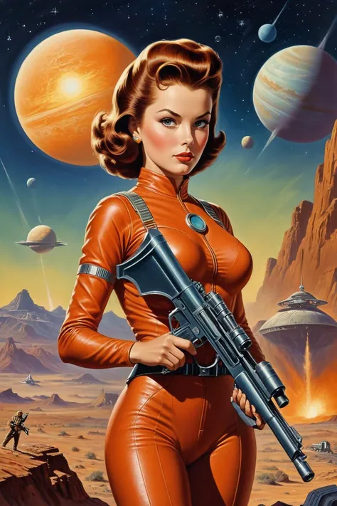 by David A. Hardy, .1950's pulp sci-fi female space cadet, holding a ray gun rifle at ready, giant gas planet background,.(professional poster art, bold lines:1.4),.(pulp sci-fi,  beautiful, intricate details, masterpiece, best quality:1.4),.cinematic full body shot, dynamic pose,.pulp sci-fi poster art color palette,.dramatic and dynamic lighting,.<lora:add-detail-xl:1.0> <lora:xl_more_art-full_v1:0.5> <lora:looking_at_viewer:2> <lora:Scaleborn_SDXL:0.5><lora:CosmicLandscapes:1.0>.