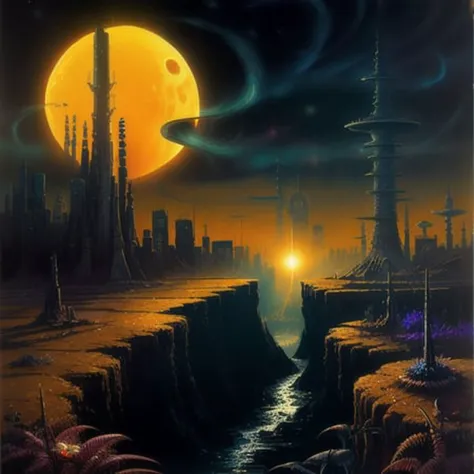 <lora:CosmicLandscapes:0.7>, CosmicLandscapes, ((retro)), ((painting of an alien landscape)), ((chasm)), (yellow sky), ((black hole)), ((thin atmosphere)), ((alien plants)),  ((futuristic city)), ((tall spires)), chiaroscuro, beautifully lit, cinematic lighting, dramatic lighting, natural lighting, naturalism, ((golden ratio)), detailed, 8K, by Bruce Pennington, Danny Flynn <lora:theovercomer8sContrastFix_sd15:0.6>, by alexi zaitsev, by Antoine Blanchard, by Brent Heighton, by Jeremy Mann