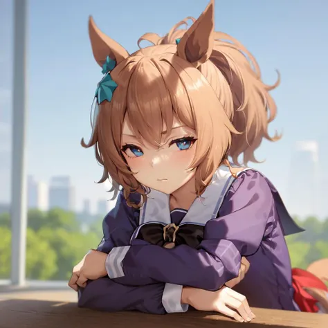masterpiece, best quality,
taiki shuttle \(umamusume\),
(portrait:1.2), looking at viewer, from front, front view, half closed eyes,
crossed arms, closed mouth, upper body, leaning forward, sitting,
tracen school uniform, summer uniform, sailor collar, long sleeves, purple bowtie, sailor shirt, pleated skirt, puffy short sleeves,
<lora:taiki_shuttle_lora:0.8>