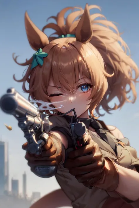 masterpiece, best quality,
taiki shuttle \(umamusume\),
aiming at viewer, holding weapon, scene reference, holding gun, handgun, revolver, smoking gun
cosplay, one eye closed, black necktie,
brown gloves, smoke, armband, upper body, bandana
<lora:taiki_shuttle_lora:0.8>