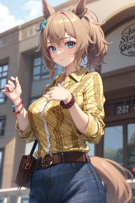 masterpiece, best quality,
taiki shuttle \(umamusume\),
yellow shirt, plaid shirt, collared shirt, revolver, brown belt, jeans, jewelry, denim, bracelet, blue pants, collared shirt, sleeves rolled up,
<lora:taiki_shuttle_lora:0.8>