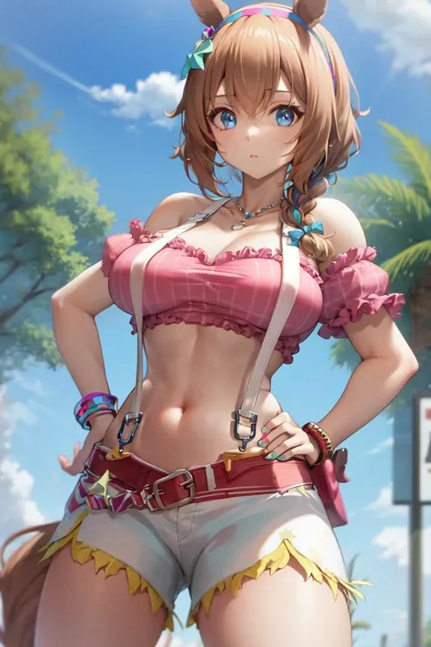 masterpiece, best quality,
taiki shuttle \(umamusume\),
navel, suspender shorts, midriff, suspenders, jewelry, white shorts, hand on hip, official alternate costume, bracelet, off-shoulder shirt, crop top, short shorts, bare shoulders, off shoulder, pink shirt, necklace, belt, hairband, frills, nail polish, thighs, puffy short sleeves, bow, sidelocks, single braid, collarbone, detached sleeves
<lora:taiki_shuttle_lora:0.8>