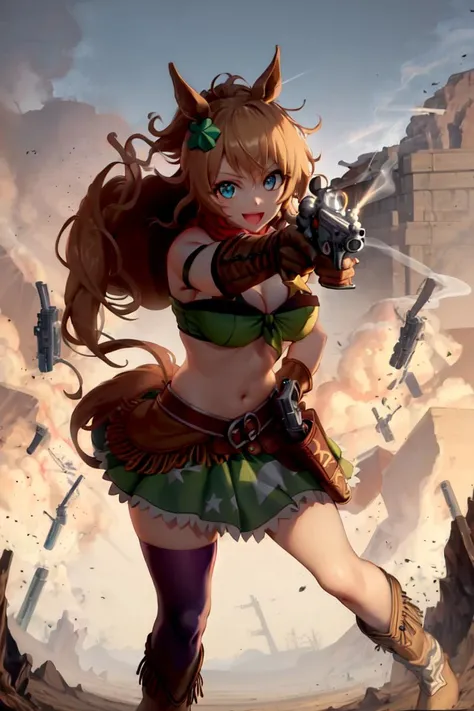 masterpiece, best quality,
taiki shuttle \(umamusume\),
full body, smoke, aiming at viewer,
finger gun, hand up, handgun, holding gun, holding weapon, revolver, holstered weapon, smile, open mouth,
green shirt, front-tie top, bare shoulders, detached sleeves, bandeau, bikini under clothes, tube top, red scarf, midriff, stomach, armband, brown gloves, cowboy hat, bandana, green skirt, miniskirt, brown belt, cowboy boots, star print, zettai ryouiki, purple thighhighs, brown footwear,
<lora:taiki_shuttle_lora:0.8>