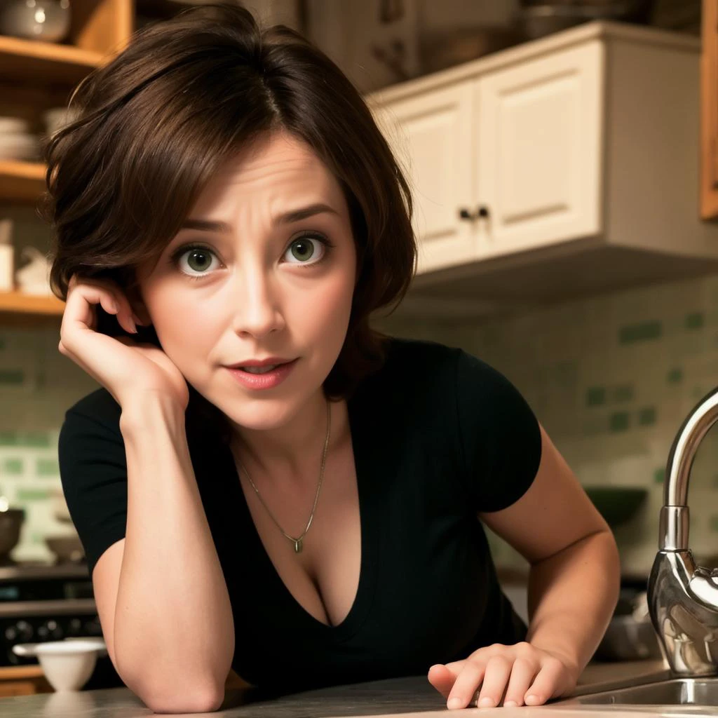 masterpiece, best quality, <lora:cassV2:0.7> AS-Adult:1.3, cass, jewelry, solo, brown hair, necklace, scoffing, open mouth, smile green eyes, short hair, black shirt, looking at viewer, furrowed brow, upper body, indoors, medium breasts, short sleeves, kitchen, leaning on counter,<lora:age_slider_v1:-.6>