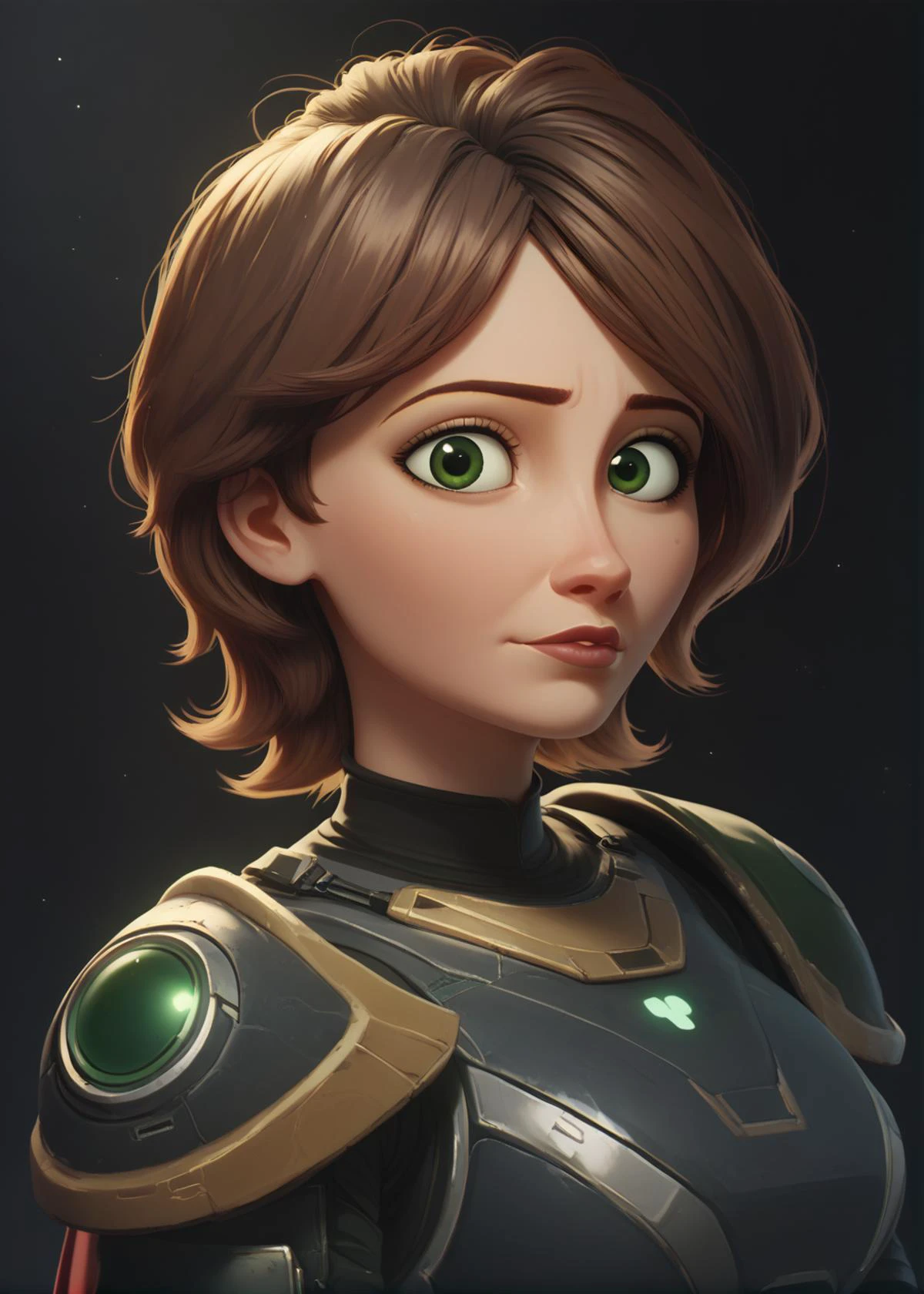 Portrait, upper body, dark background, cass, brown hair, solo, short hair, looking at viewer, large breasts, green eyes, lips, armor, gloves, cape, science fiction, <lora:cassXL:1> <lora:HelldiversXL:1>, score_9, score_8_up, score_7_up, score_6_up,