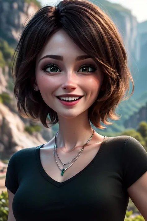 (masterpiece:1.2), (best quality), (ultra detailed), (8k, 4k, intricate),(full-body-shot:1), (highly detailed:1.2),(detailed face:1.2), (detailed background),detailed landscape, ((portrait)), (dynamic pose:1.2) <lora:more_details:0.5> <lora:cass:0.7>auntcass, 1girl, solo, smile, short hair, open mouth, brown hair, shirt, jewelry, green eyes, upper body, necklace, blurry, black shirt