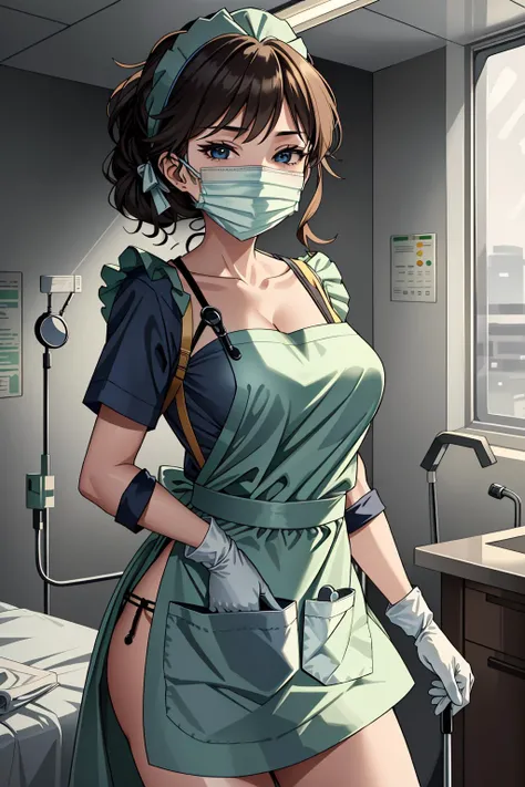 ((masterpiece, best quality, high quality)),1girl, (hospital), <lora:infirmary_v0.1:0.5> infirmary, <lora:Apron Doc v2:0.8> (doctor_apron, apron, mask, gloves, surgical mask,scrubs),