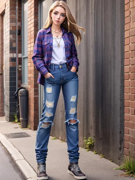 Realistic photo of a beautiful 3ll4c woman, 1girl,solo,long hair,looking at viewer,blue eyes,blonde hair,shirt,jewelry,jacket,full body,shoes,pants,necklace,lips,torn clothes,plaid,denim,jeans,realistic,hands in pockets,purple shirt,road,plaid shirt,street,torn pants,torn jeans,soft lighting, professional Photography, Photorealistic, detailed, RAW, analog, sharp focus, 8k, HD, high quality, masterpiece<lora:3ll4c:1.0>