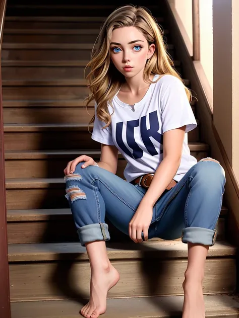 Realistic photo of a beautiful 3ll4c woman,1girl,solo,long hair,looking at viewer,blue eyes,blonde hair,shirt,black hair,sitting,barefoot,belt,pants,feet,lips,torn clothes,denim,t-shirt,jeans,stairs,realistic,torn pants,sitting on stairs,torn jeans,soft lighting, professional Photography, Photorealistic, detailed, RAW, analog, sharp focus, 8k, HD, high quality, masterpiece<lora:3ll4c:1.0>