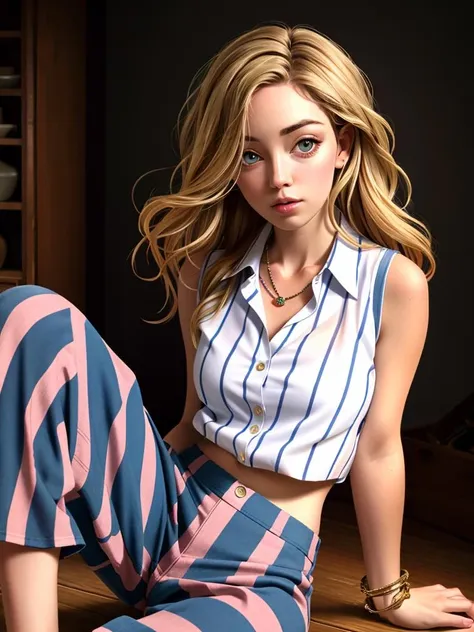 Realistic photo of a beautiful 3ll4c woman,1girl,solo,long hair,looking at viewer,skirt,blonde hair,shirt,jewelry,sitting,parted lips,sleeveless,striped,hair over one eye,bracelet,lips,head tilt,realistic,striped skirt,striped pants,soft lighting, professional Photography, Photorealistic, detailed, RAW, analog, sharp focus, 8k, HD, high quality, masterpiece<lora:3ll4c:1.0>