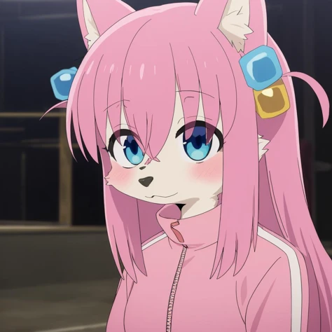 (masterpiece, best quality), 
gotou hitori, (furry:1.2), 1girl,, 
cube hair ornament, hair between eyes, hair ornament, hair over eyes, long hair, one side up, pink hair, 
blue eyes, 
dark skin, 
jacket, pink jacket, track jacket, zipper, 
(bocchi style), 
<lora:bocchi_style_offset_bocchi style:1>