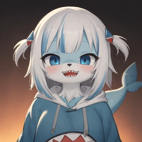 anime, highly detailed face, highly detailed eyes, highly detailed background, perfect lighting, 
gawr gura, (furry), 1girl,, 
:d, 
shark hair ornament, 
sharp teeth, 
blue hoodie, tail, shark tail, oversized clothes, 
<lora:gawrGuraHo****ve_v3:0.8>