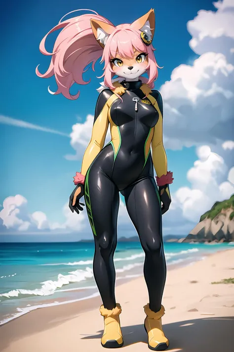 (furry:1.2), realistic fur, ((white fur)), details down to every fluff, big eyes, foreboding colors, 1girl, solo, long hair, bangs, yellow eyes, pink hair, smug, hair ornament, full body shot, jewelry, scuba gear, diving gear, ((black wetsuit)),
(masterpiece:1.2), (best quality:1.2), highly details, extremely detailed ,looking at viewer, on the beach, sassy pose,