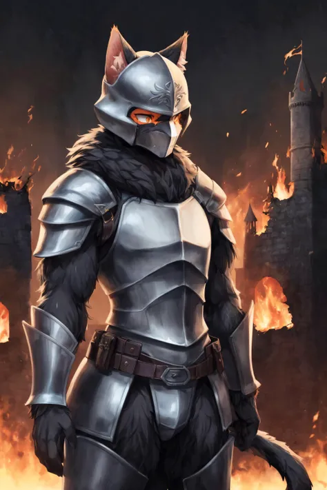 cat in armor, full armor, (helmet:1.2), crestfallen, dark knight, solo, (body fur:1.2), (best quality), sad contex, (detailed fire ruined castle background:1.2), (detailed fluffy fur:1.1), tail, sad, tragic, <lora:add_detail:1>
