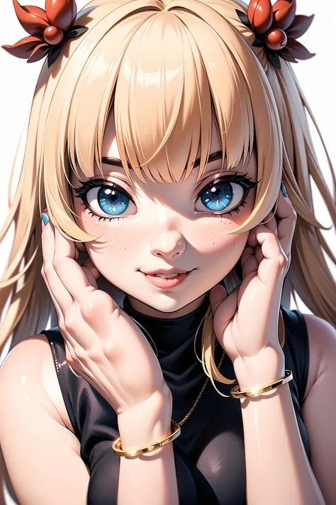 1girl, solo, long hair, looking at viewer, smile, hair ornament, white background, jewelry, blond hair, blunt bangs, nail polish, bracelet, lips, blue eyes, portrait, red nails, close-up, red lips, hands on own face, hands on own cheeks,(masterpiece:1.2),(best quality:1.2), freckles,