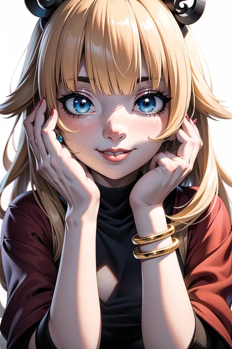 1girl, solo, long hair, looking at viewer, smile, hair ornament, white background, jewelry, blond hair, blunt bangs, nail polish, bracelet, lips, blue eyes, portrait, red nails, close-up, red lips, hands on own face, hands on own cheeks,(masterpiece:1.2),(best quality:1.2), freckles,