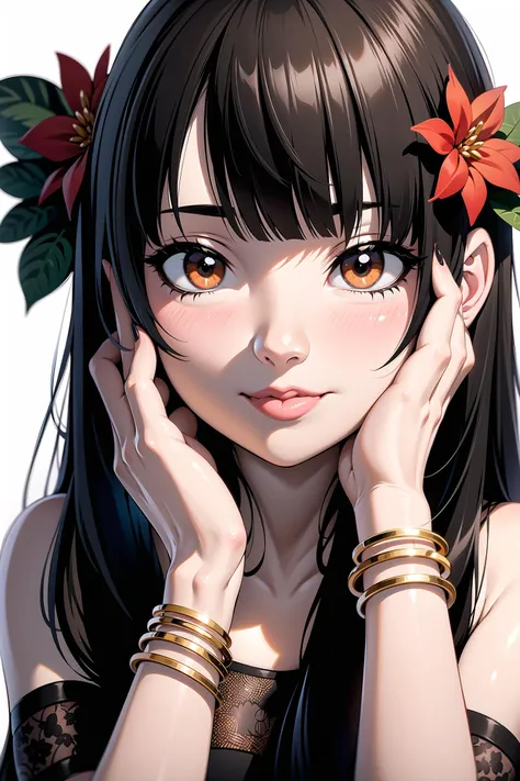 1girl, solo, long hair, looking at viewer, smile, hair ornament, white background, jewelry, black hair, blunt bangs, nail polish, bracelet, lips, brown eyes, portrait, red nails, close-up, red lips, hands on own face, hands on own cheeks,(masterpiece:1.2),(best quality:1.2),