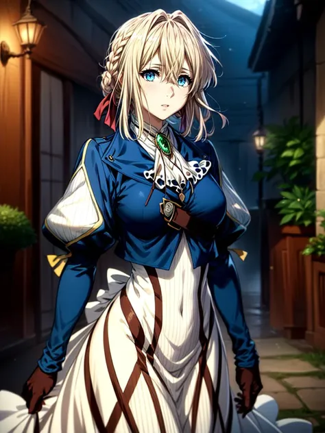 best quality, masterpiece, 1girl intricate detail, (full body), detailed face, looking at viewer, detailed hairstyle, <lora:violet_evergarden_v1:1> violet evergarden, braid, hair ribbon, red ribbon, jewelry, white ascot, brooch, blue jacket, long sleeves, brown gloves, white dress, long dress <lora:add_detail:1>