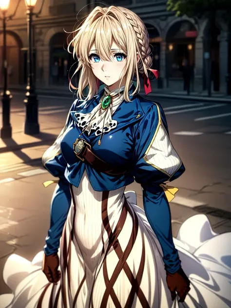 best quality, masterpiece, 1girl intricate detail, (full body), detailed face, looking at viewer, detailed hairstyle, <lora:violet_evergarden_v1:1> violet evergarden, braid, hair ribbon, red ribbon, jewelry, white ascot, brooch, blue jacket, long sleeves, brown gloves, white dress, long dress <lora:add_detail:1>