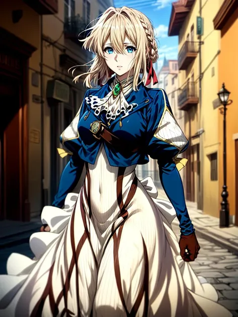best quality, masterpiece, 1girl intricate detail, (full body), detailed face, looking at viewer, detailed hairstyle, <lora:violet_evergarden_v1:1> violet evergarden, braid, hair ribbon, red ribbon, jewelry, white ascot, brooch, blue jacket, long sleeves, brown gloves, white dress, long dress <lora:add_detail:1>
