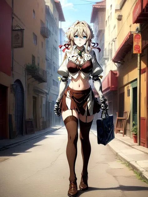 best quality, masterpiece, 1girl intricate detail, (full body), detailed face, looking at viewer, detailed hairstyle, <lora:violet_evergarden_v1:1> violet evergarden, braid, hair ribbon, red ribbon, (mechanical hands:1.1) midriff mini skirt legwarmers bra <lora:add_detail:1>