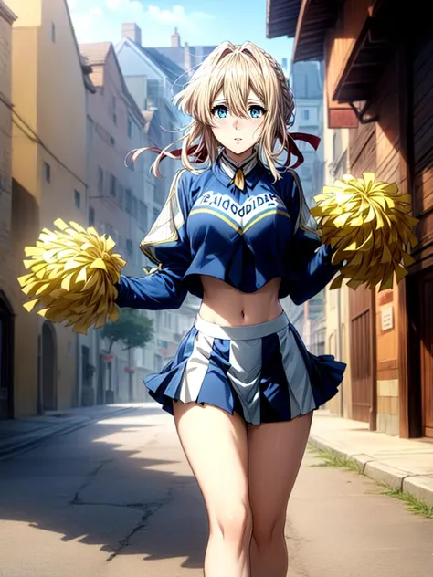 best quality, masterpiece, 1girl intricate detail, (full body), detailed face, looking at viewer, detailed hairstyle, <lora:violet_evergarden_v1:1> violet evergarden, braid, hair ribbon, red ribbon, midriff cheerleader costume <lora:add_detail:1>