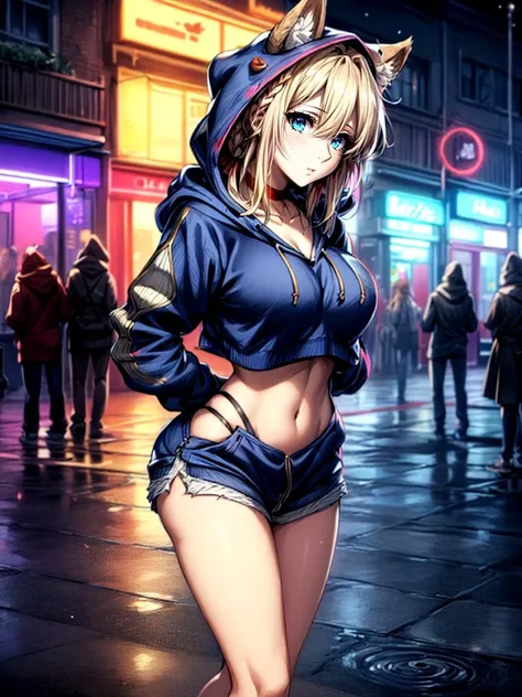 best quality, masterpiece,    1girl  intricate detail, (full body), detailed face,  looking at viewer, detailed hairstyle,     <lora:violet_evergarden_v1:1> violet evergarden, braid, hair ribbon, red ribbon,  (mechanical hands:1.1) (Dark Red open cropped fuzzy (hoodie:1.1)), animal_hood, __ears__ hood, hood_up, hooded_jacket, bare midriff, visible colorful patterned bra, choker,  <lora:add_detail:1>