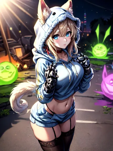 best quality, masterpiece, 1girl intricate detail, (full body), detailed face, looking at viewer, detailed hairstyle, <lora:violet_evergarden_v1:1> violet evergarden, braid, hair ribbon, red ribbon, (mechanical hands:1.1) (Electric lime open fuzzy (hoodie:1.1)), animal_hood, __ears__ hood, hood_up, hooded_jacket, bare midriff, visible colorful patterned bra, choker, thigh highs <lora:add_detail:1>