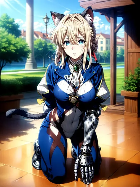 best quality, masterpiece, 1girl intricate detail, (full body), detailed face, looking at viewer, detailed hairstyle, <lora:violet_evergarden_v1:1> violet evergarden, braid, hair ribbon, red ribbon, (mechanical hands:1.1) (sexycostume cat:1.2) <lora:sexycostume:0.5> <lora:add_detail:1>