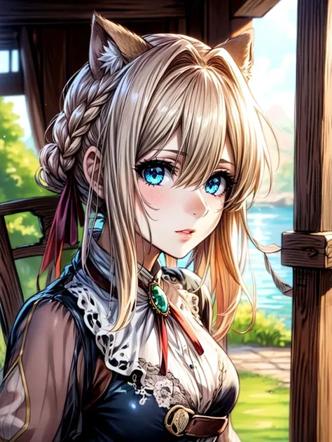 best quality, masterpiece, 1girl intricate detail, (full body), detailed face, looking at viewer, detailed hairstyle, <lora:violet_evergarden_v1:1> violet evergarden, braid, hair ribbon, red ribbon, see-through (Violet) crinoline <lora:add_detail:1>