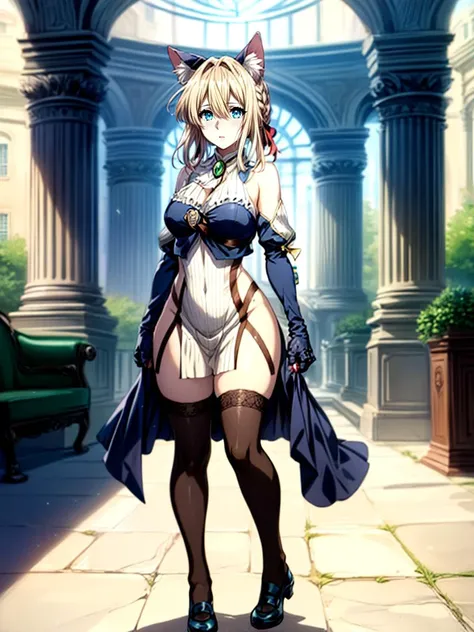 best quality, masterpiece, 1girl intricate detail, (full body), detailed face, looking at viewer, detailed hairstyle, <lora:violet_evergarden_v1:1> violet evergarden, braid, hair ribbon, red ribbon, illyabeast cosplay cat ears, animal hands, paw gloves, elbow gloves, hair bell, black thighhighs, ribbon, paw shoes <lora:add_detail:1>