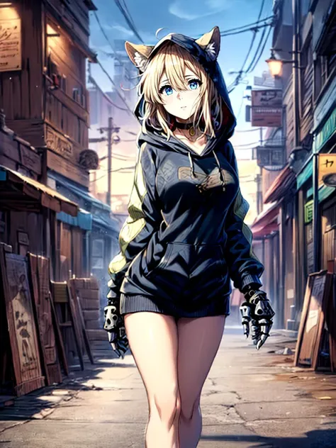 best quality, masterpiece, 1girl intricate detail, (full body), detailed face, looking at viewer, detailed hairstyle, <lora:violet_evergarden_v1:1> violet evergarden, braid, hair ribbon, red ribbon, (mechanical hands:1.1) (Rosewood open oversized fuzzy (hoodie:1.1)), animal_hood, __ears__ hood, hood_up, hooded_jacket, bare midriff, visible colorful patterned bra, choker, <lora:add_detail:1>