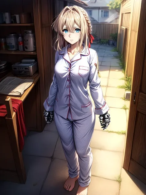 best quality, masterpiece, 1girl intricate detail, (full body), detailed face, looking at viewer, detailed hairstyle, <lora:violet_evergarden_v1:1> violet evergarden, braid, hair ribbon, red ribbon, (mechanical hands:1.1) shorty pajamas <lora:add_detail:1>