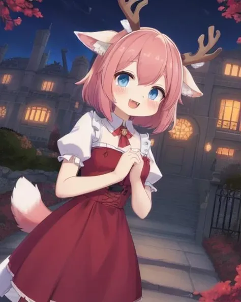 (human, antlers, fluffy tail:1.2), (animal ears, animal ear fluff:1.4), small breasts, clothed, red dress, pink hair, short hair, blue eyes

standing, :D, very happy

outdoors, garden, rose bush, bushes, gate, (building, architecture, mansion, night:1.3)

beautiful, front view, POV, close-up, lights and shadows, ambient, ultra detailed, volumetric, warm, soft, masterpiece, best quality
