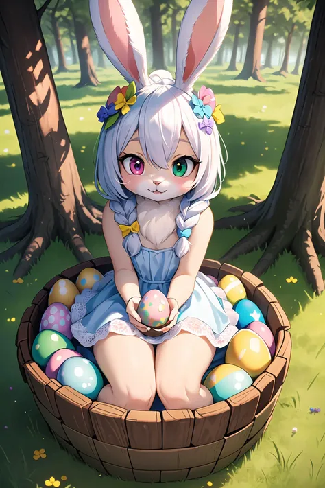 1girl, cute, ((bunny)), ((easter)), whole body, solo, cute colorful dress, (dense forest, stumps, painted easter eggs:1.3), ((white fur)), (white hair), detailed face, detailed eyes, (heterochromia, one green eye and one pink eye), (detailed fur texture:1.3), (bunny tail), ((braided hair)), hair between eyes, ((Sitting on tree stump)), ((easter eggs everywhere)), ((wooden basket full of eggs)), shot from above, (detailed hand:1.0), realistic fur, details down to every fluff, big eyes, highly details, extremely detailed, foreboding colors, depth of field, 22mm, 8k, hdr,