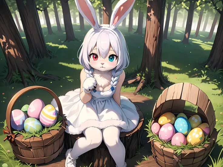 1girl, cute, ((bunny)), ((easter)), whole body, solo, (furry:0.8), (paws:1.2), ((cute dress)) ,(dense forest, stumps, painted easter eggs:1.3), ((white fur)), (white hair), detailed face, detailed eyes, (heterochromia), (detailed fur texture:1.3), (bunny tail), ((braided hair)), hair between eyes, ((Sitting on tree stump)), ((easter eggs everywhere)), ((wooden basket full of eggs)), shot from above, (detailed hand:1.0), realistic fur, details down to every fluff, big eyes, highly details, extremely detailed, foreboding colors, depth of field, 22mm, 8k, hdr,