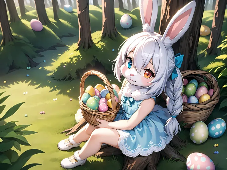 ((1girl)), cute, ((bunny)), closed mouth, ((easter)), whole body, solo, (furry:0.8), (paws:1.2), ((cute dress)), dress decorations, (dense forest, stumps, painted easter eggs:1.3), ((white fur)), (white hair), hair decoration, detailed face, detailed eyes, (heterochromia), (detailed fur texture:1.3), (bunny tail), ((braided hair)), hair between eyes, ((Sitting on tree stump)), ((easter eggs everywhere)), ((wooden basket full of eggs)), shot from above, (detailed hand:1.0), realistic fur, details down to every fluff, big eyes, highly details, extremely detailed, foreboding colors, depth of field, 22mm, 8k, hdr,