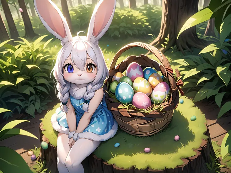 ((1girl)), cute, ((bunny)), closed mouth, ((easter)), whole body, solo, (furry:0.8), (paws:1.2), ((cute dress)), dress decorations, (dense forest, stumps, painted easter eggs:1.3), ((white fur)), (white hair), hair decoration, detailed face, detailed eyes, (heterochromia), (detailed fur texture:1.3), (bunny tail), ((braided hair)), hair between eyes, ((Sitting on tree stump)), ((easter eggs everywhere)), ((wooden basket full of eggs)), shot from above, (detailed hand:1.0), realistic fur, details down to every fluff, big eyes, highly details, extremely detailed, foreboding colors, depth of field, 22mm, 8k, hdr,